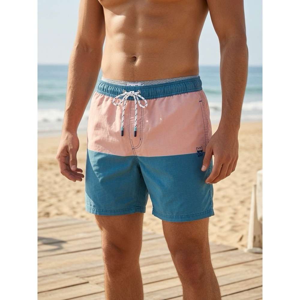 Party Pants Mens Large Retro Colorblock Swim Trunks Pink Blue Mesh Lined Beach